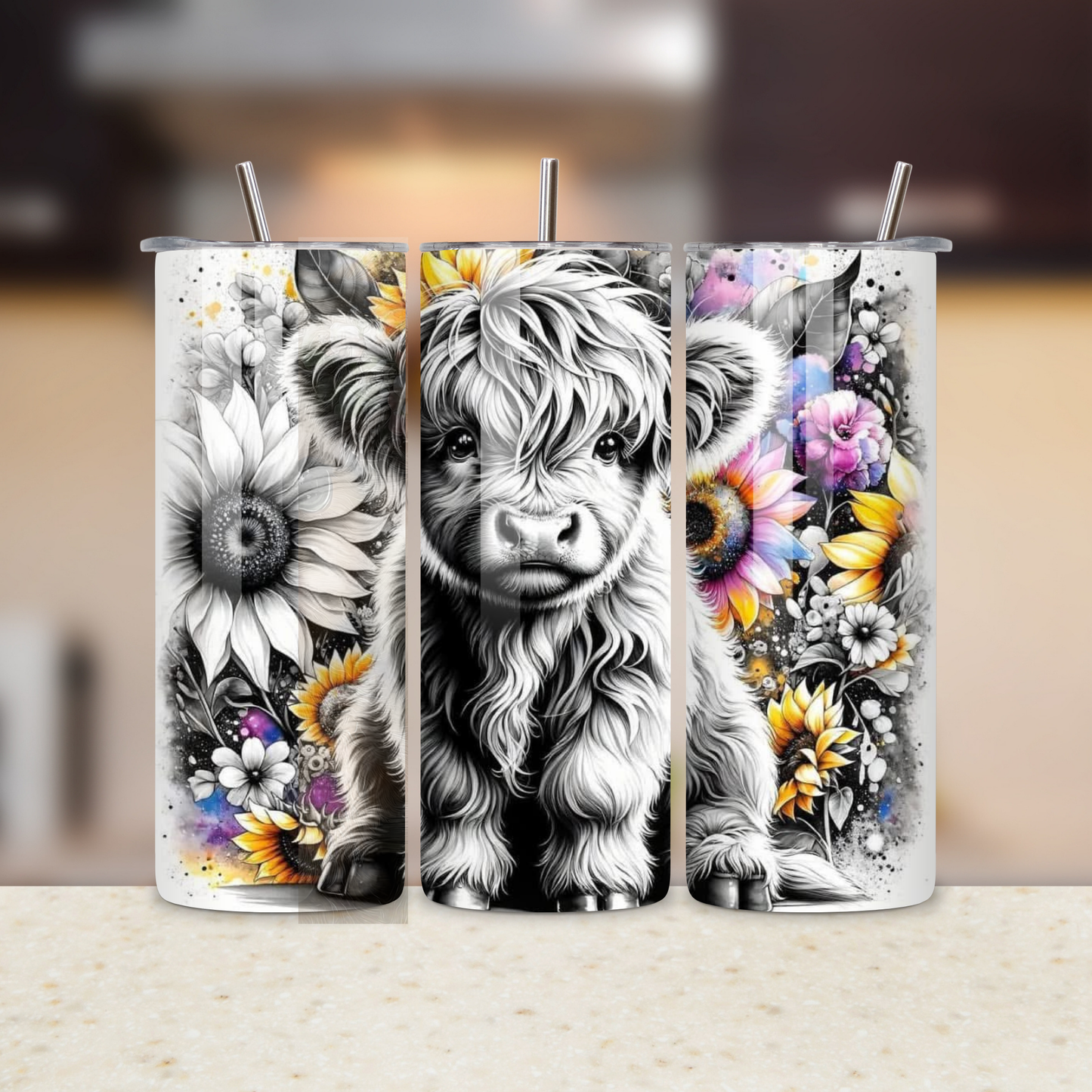 Three cylindrical tumbler designs featuring a cow and flowers on a blurred background