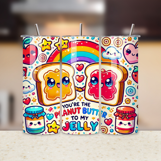 Colorful design with cartoon toast, jelly, and peanut butter jars on a white background.