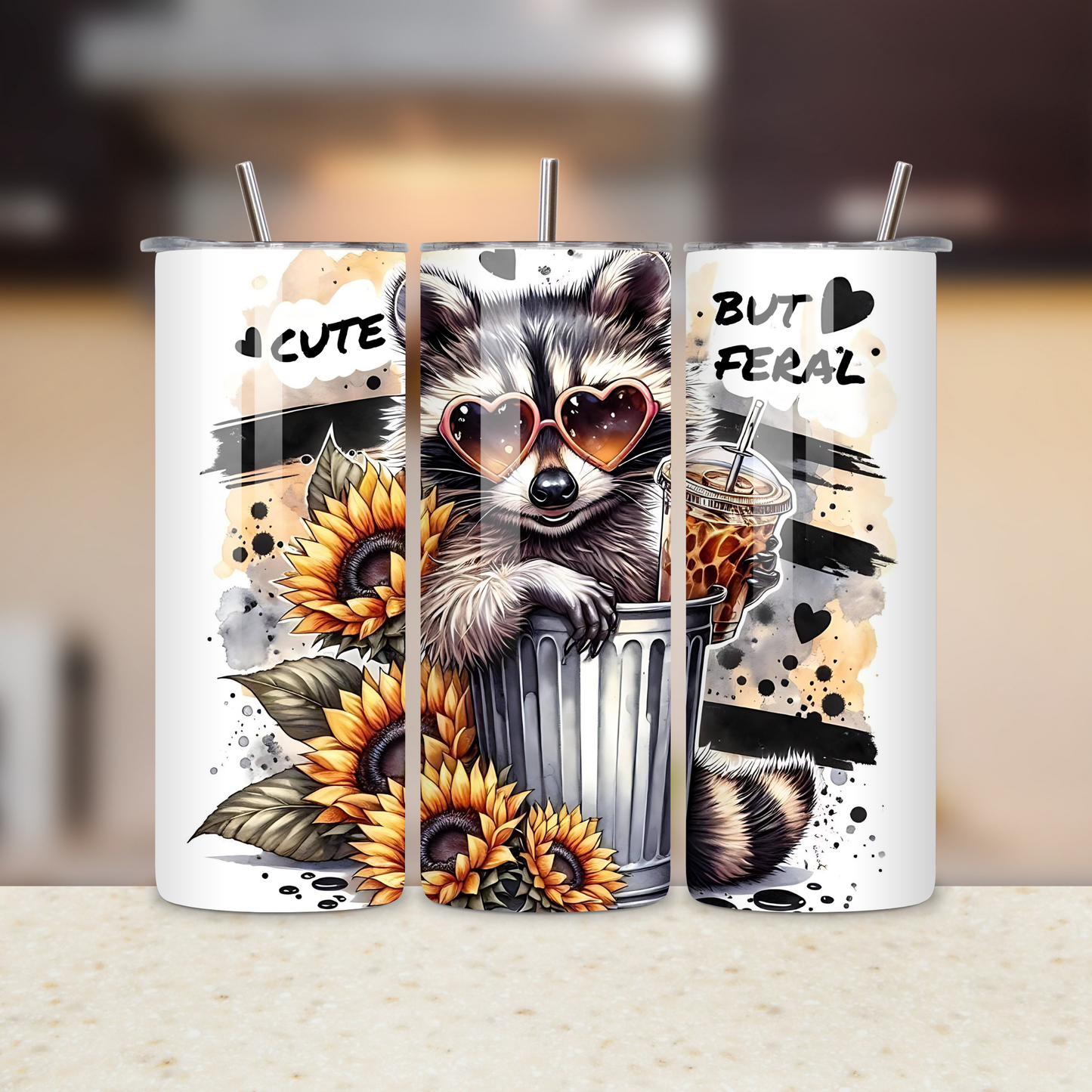 Three tumbler designs featuring a raccoon, sunflowers, and text on a blurred background.