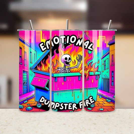 Colorful dumpster fire graphic with skeleton and text on a blurred background