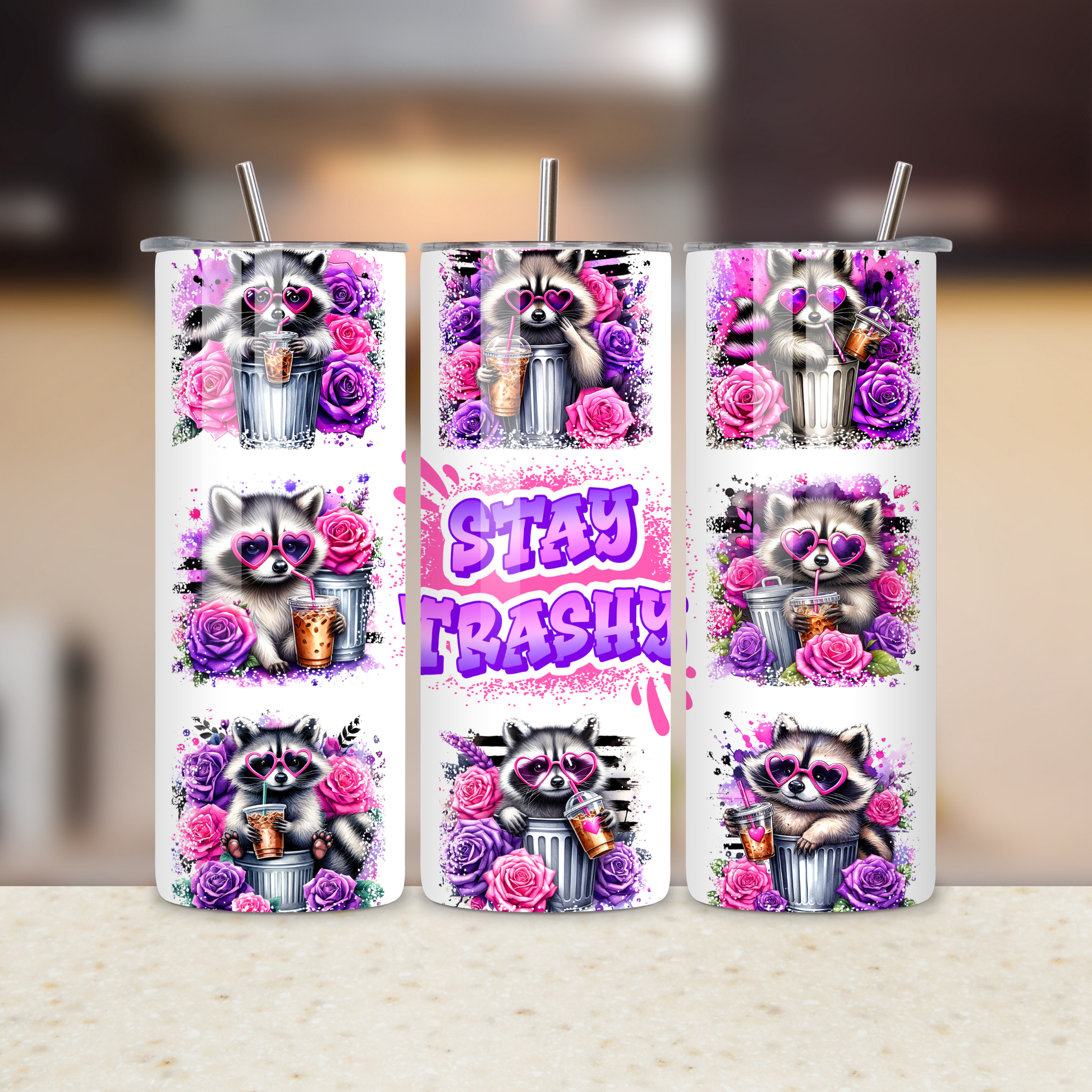 Three tumbler designs featuring raccoons, flowers, and text on a blurred background.