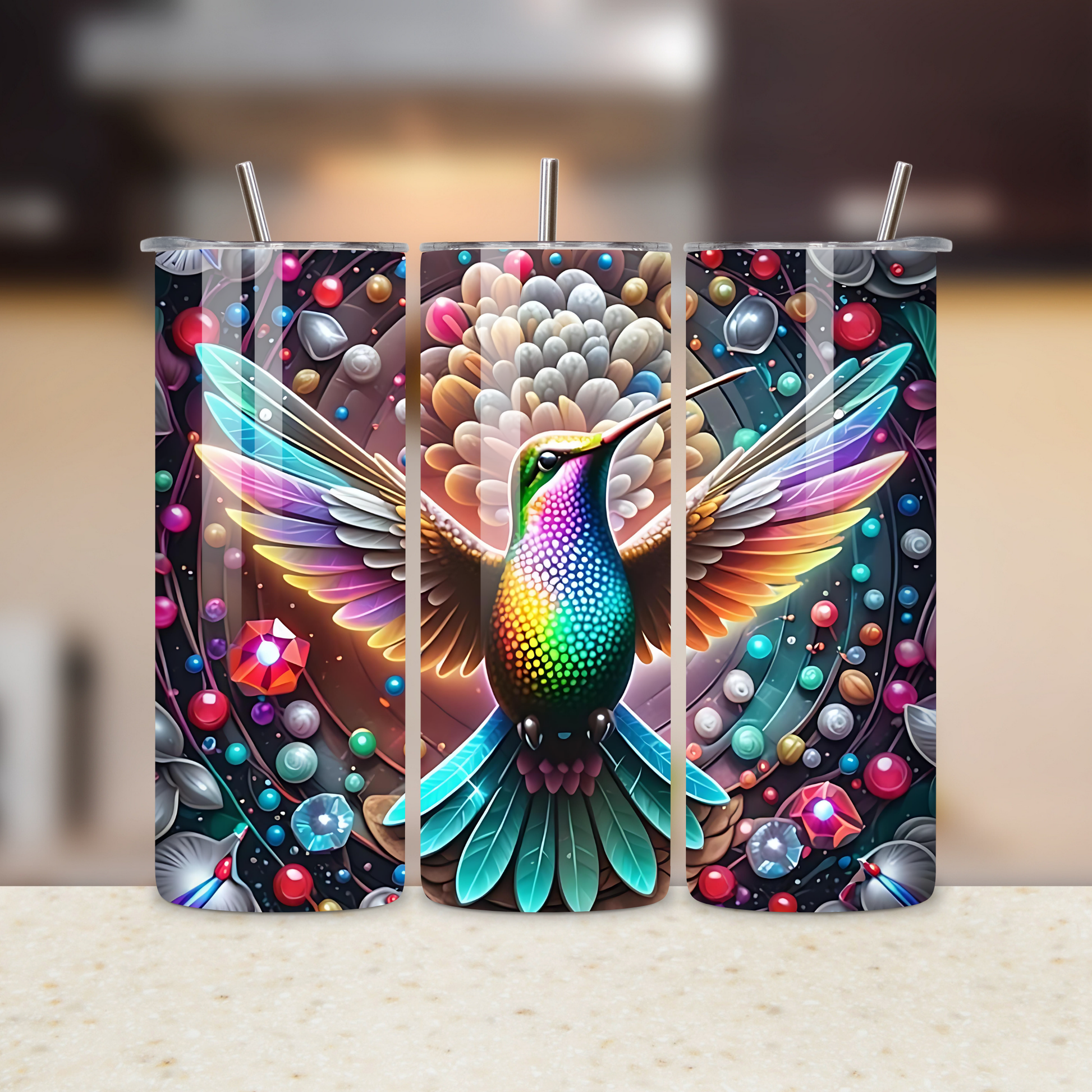 Colorful hummingbird design on a phone case with a blurred background