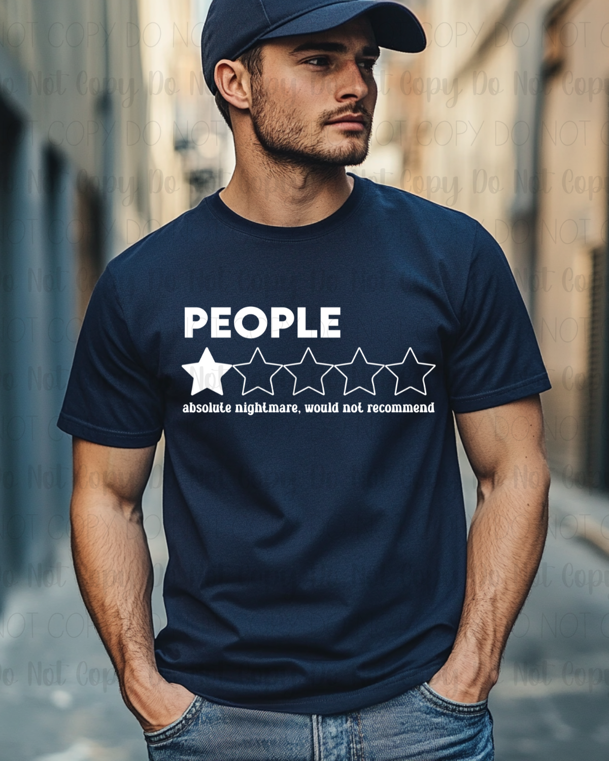 Man wearing a navy blue t-shirt with a humorous rating system graphic.