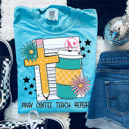 Pray Coffee Teach Repeat Teacher Shirt | Christian Teacher Tee