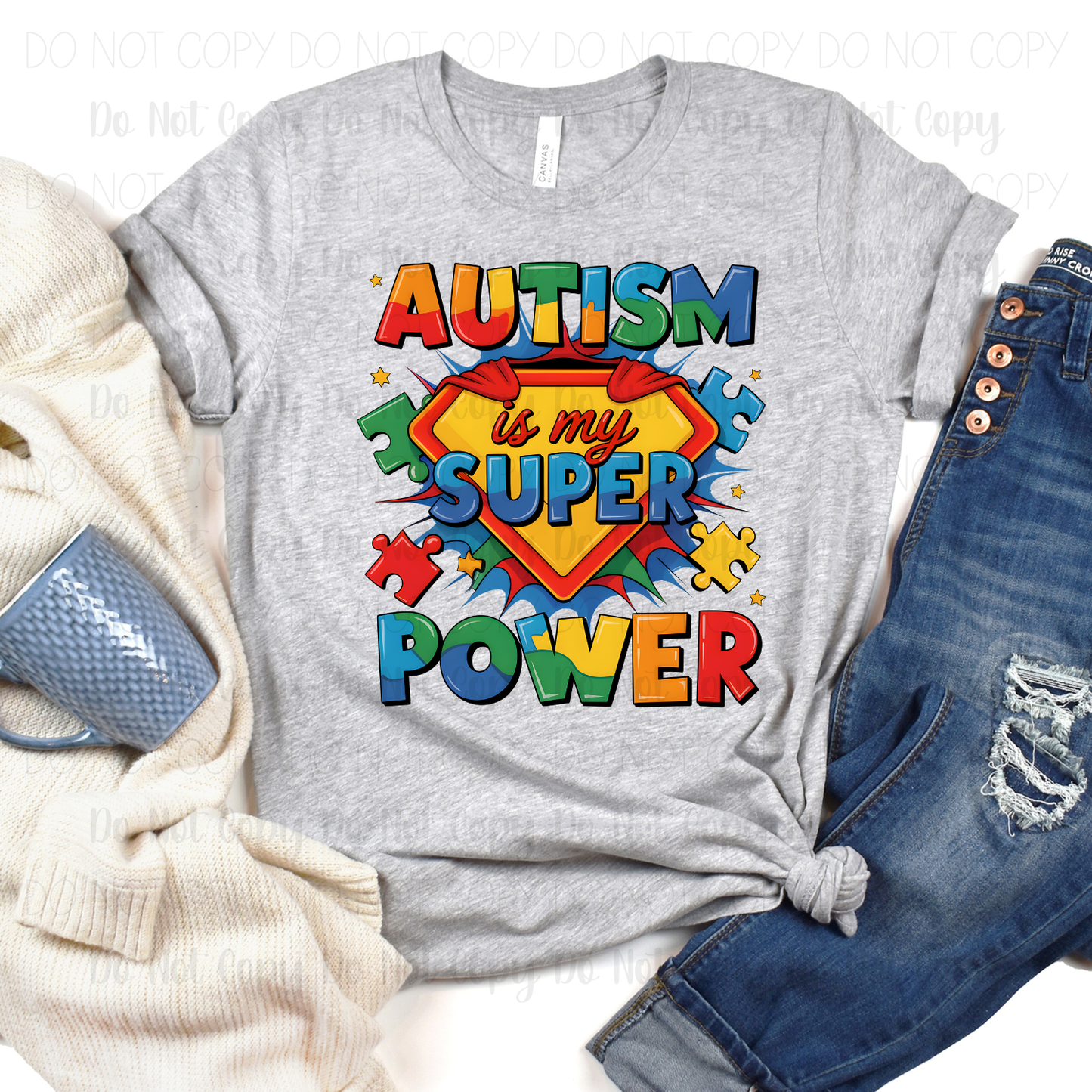 Gray t-shirt with 'Autism is my super power' design on a white background