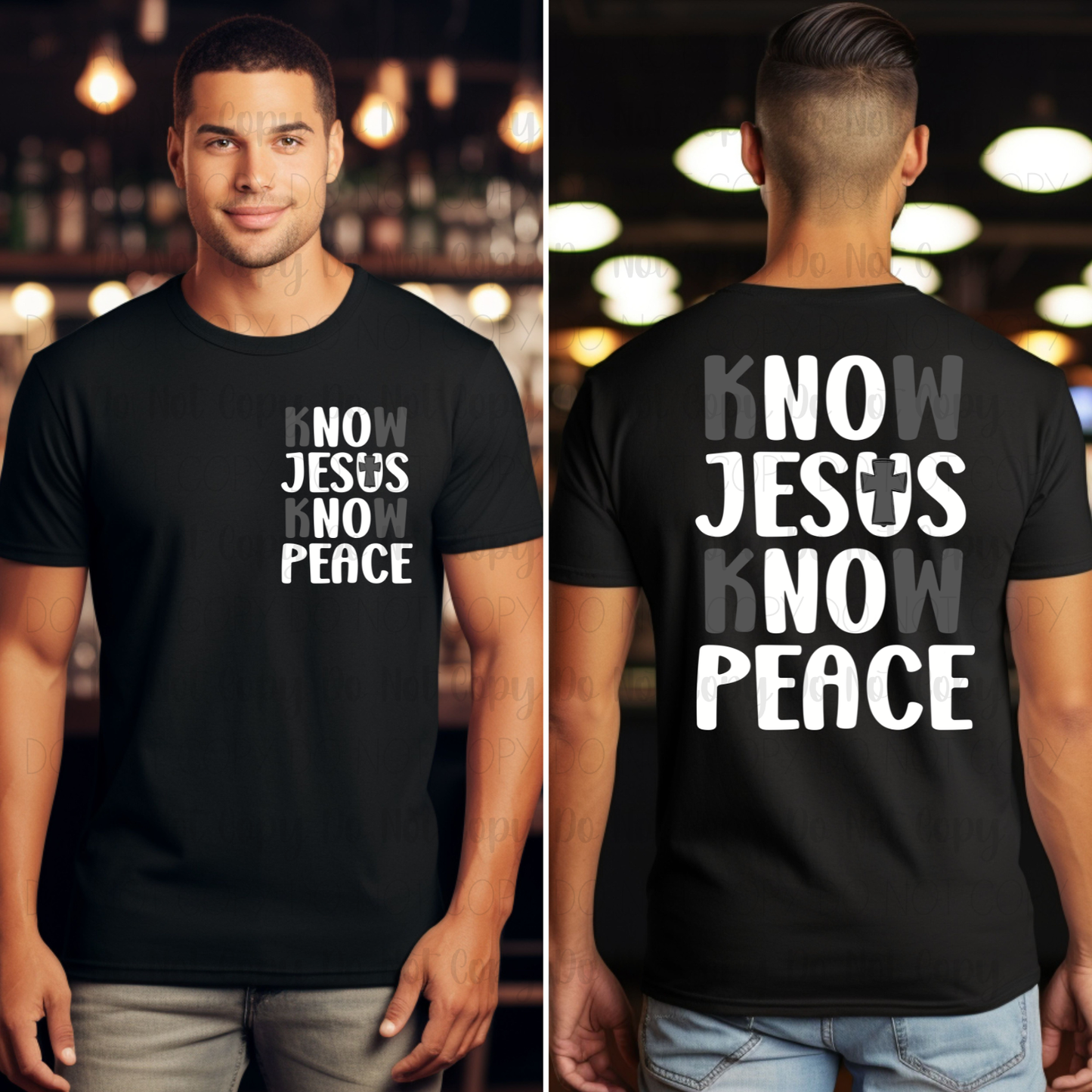 Person wearing a black t-shirt with 'NOW JESUS NO PEACE' text, front and back views.