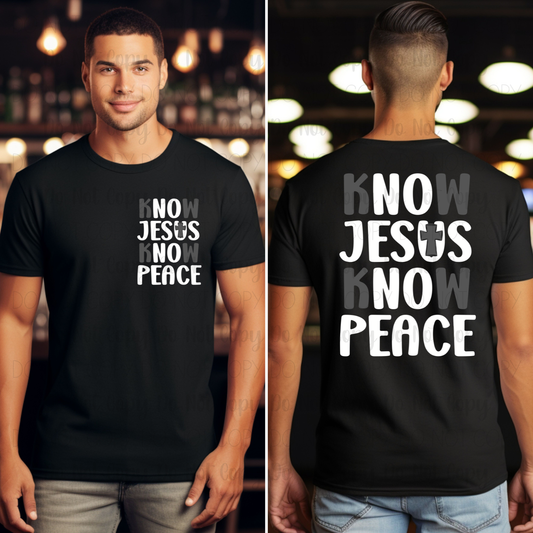 Person wearing a black t-shirt with 'NOW JESUS NO PEACE' text, front and back views.