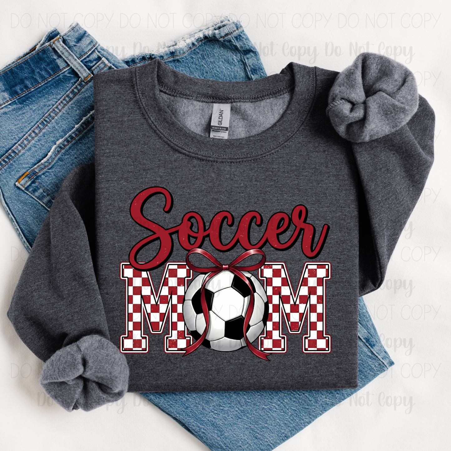 Gray sweatshirt with 'Soccer Mom' design on a white background